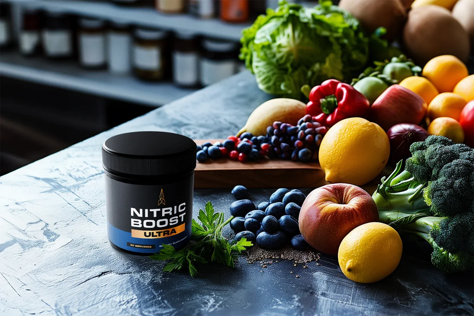 Nitric Boost jar beside food and produce